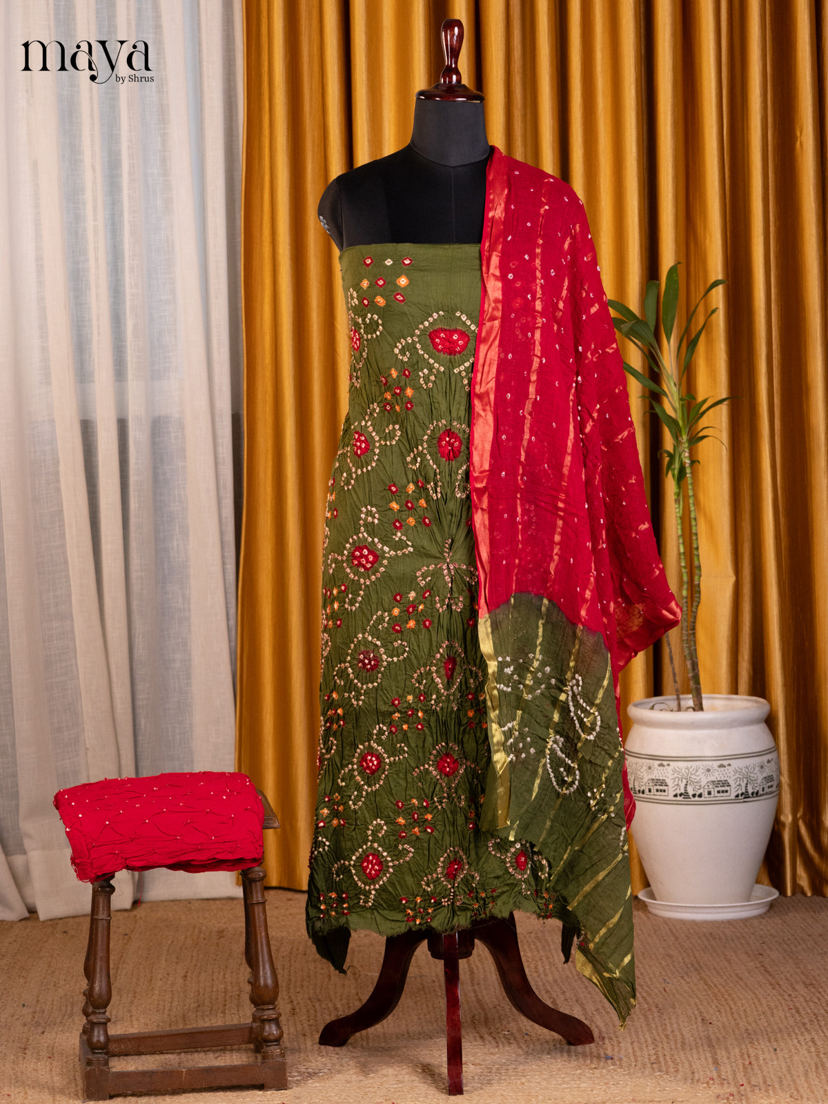 Green & Red - Bandhini salwar Unstitch