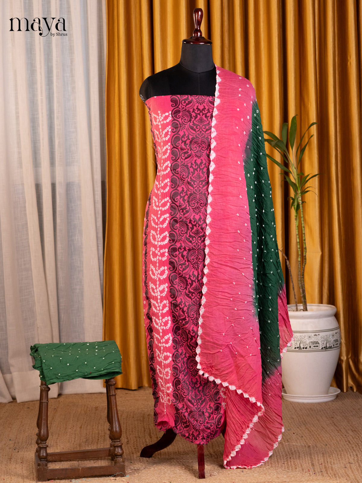 Pink & Green - Bandhini salwar Unstitch