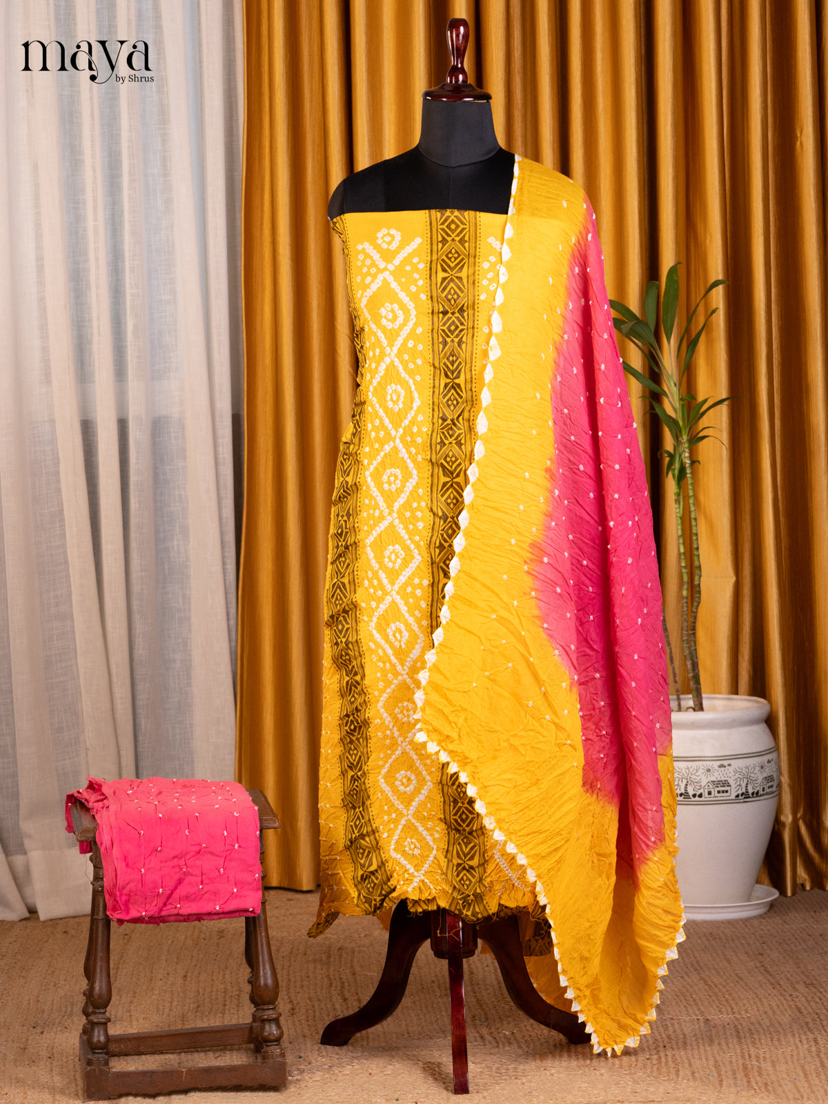 Yellow & Pink - Bandhini salwar Unstitch