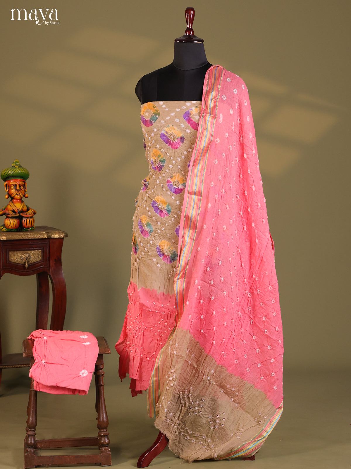 Beige & Pink - Bandhini salwar Unstitch