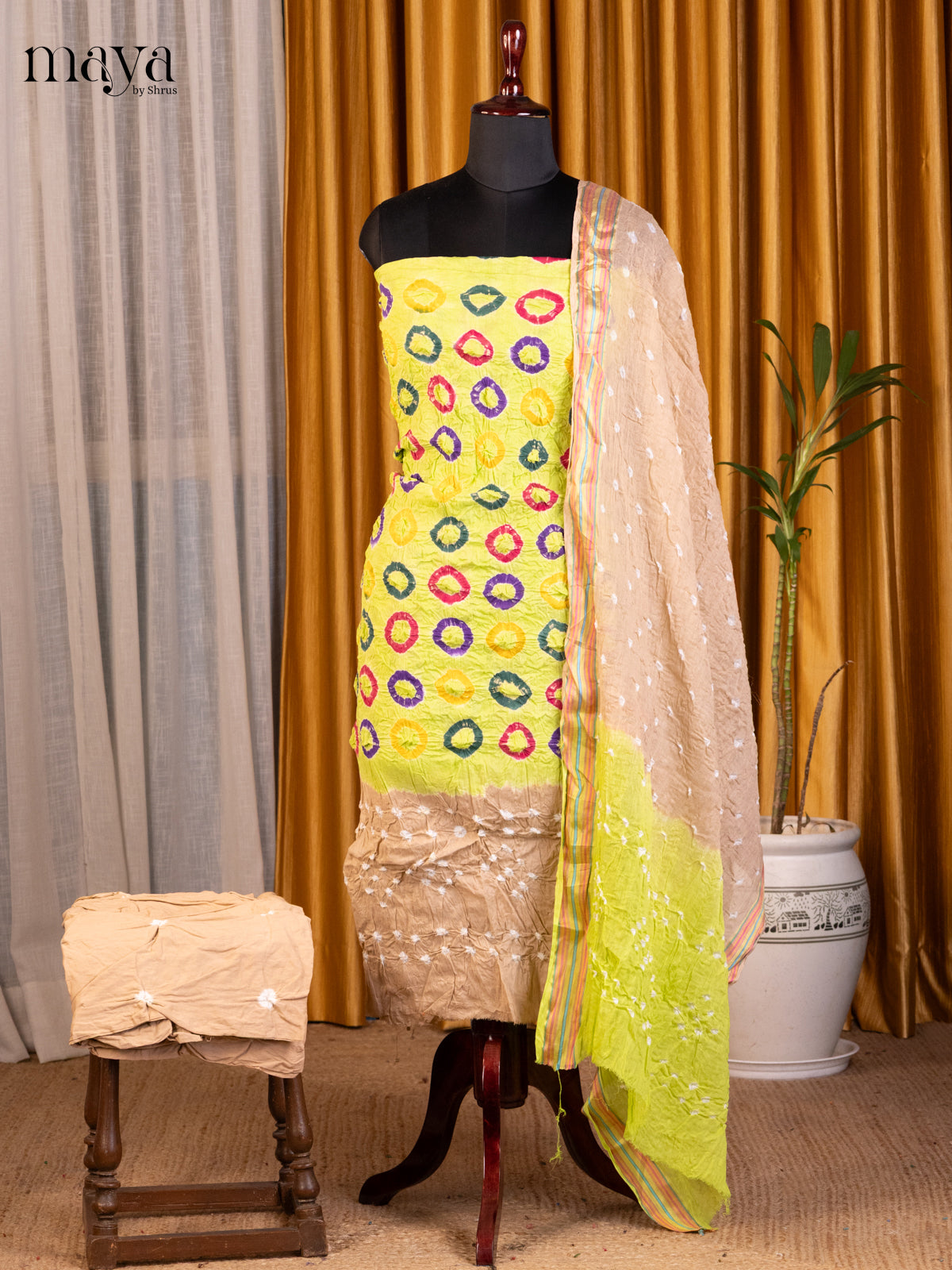 Lime Green & Beige- Bandhini salwar Unstitch