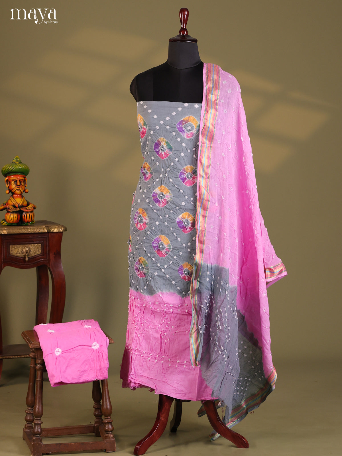 Grey & Pink - Bandhini salwar Unstitch