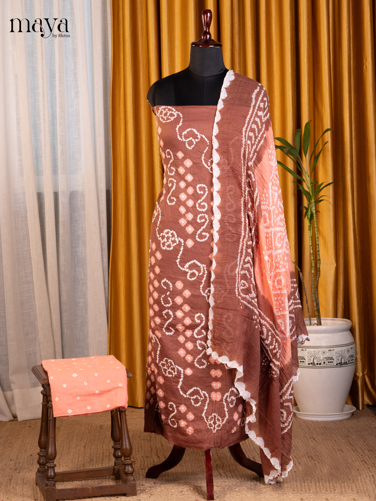 Brown & Peach- Bandhini salwar Unstitch