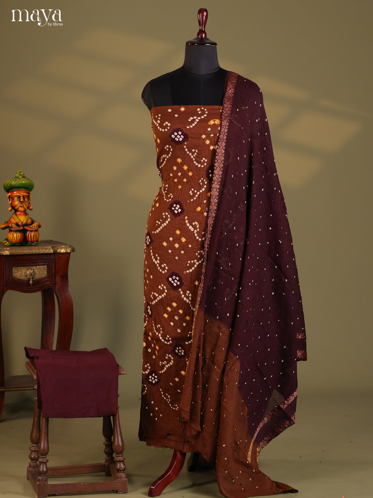 Brown & Maroon - Bandhini salwar Unstitch
