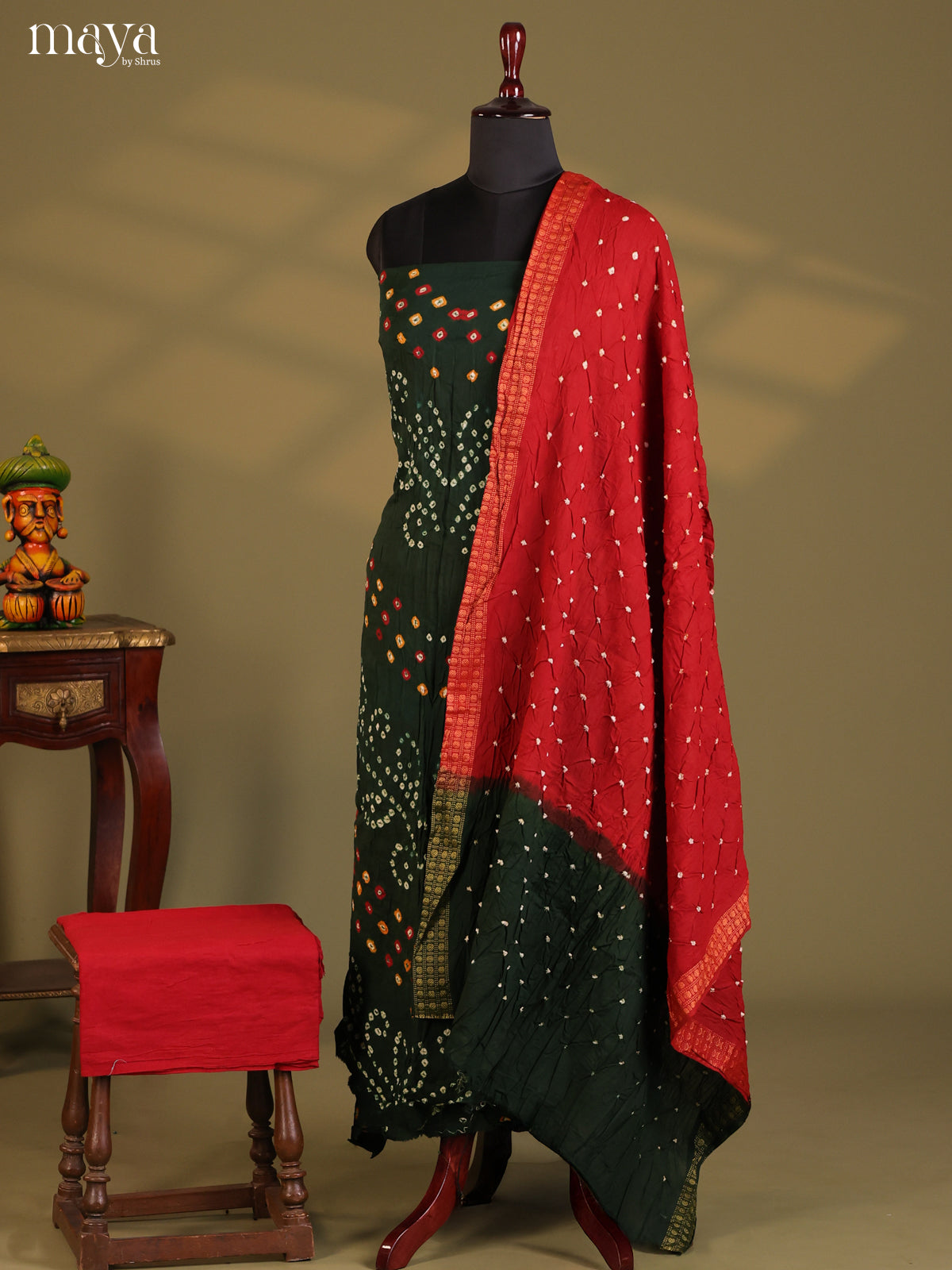 Dark Green & Maroon - Bandhini salwar Unstitch
