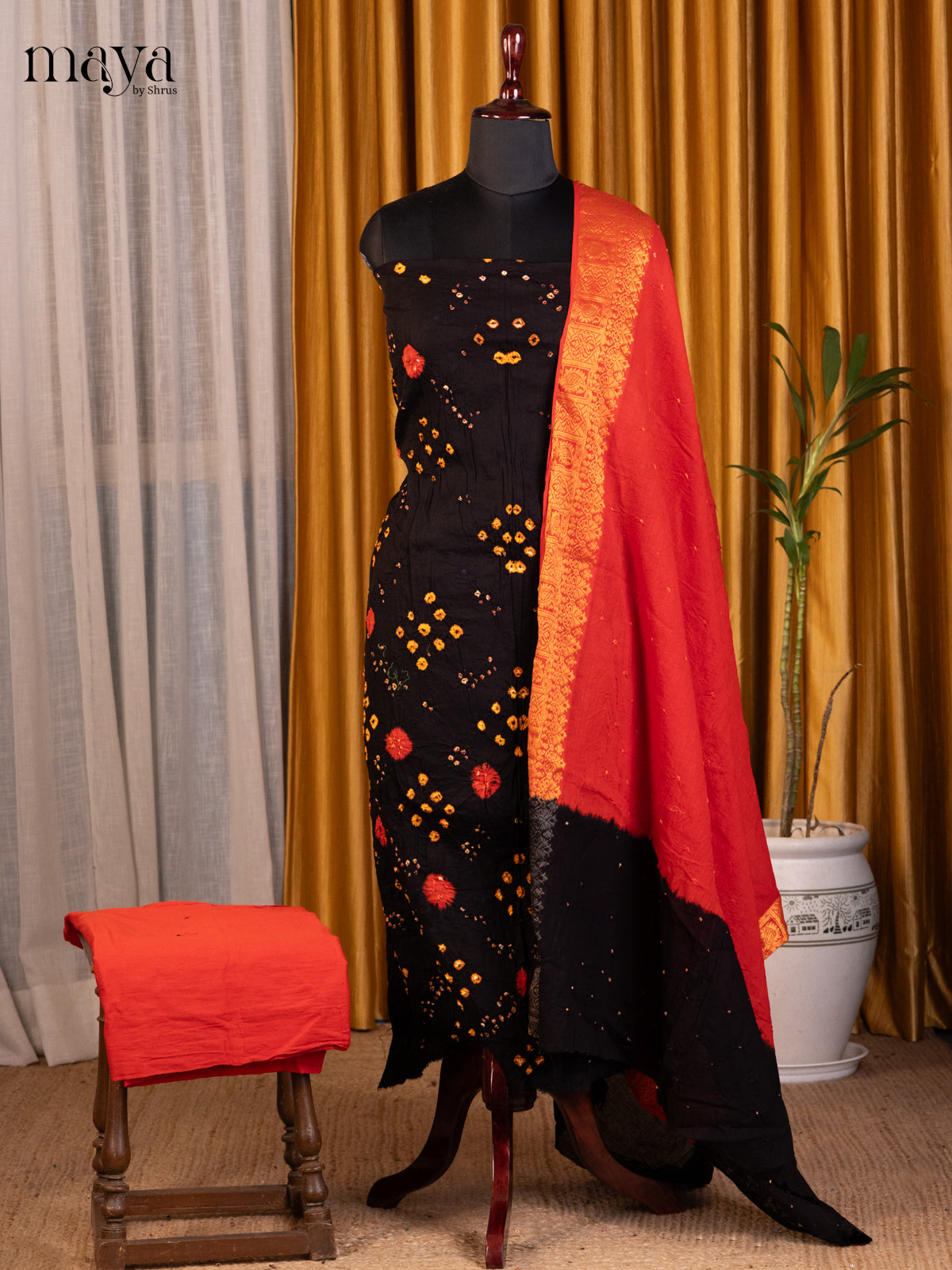 Black & Orange- Bandhini salwar Unstitch