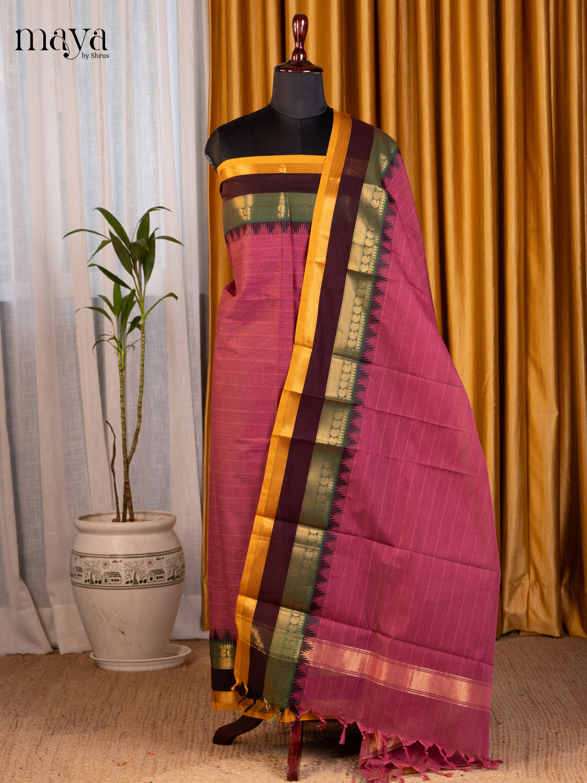 Pink with Yellow - chettinad top & dupatta combo