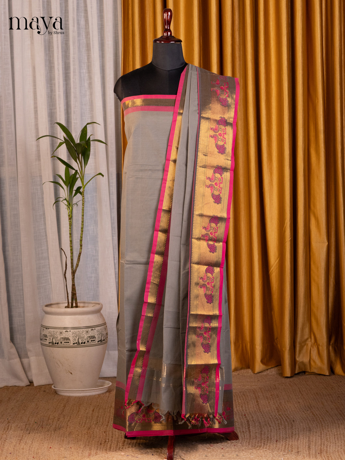 Grey & Pink - chettinad top & dupatta combo