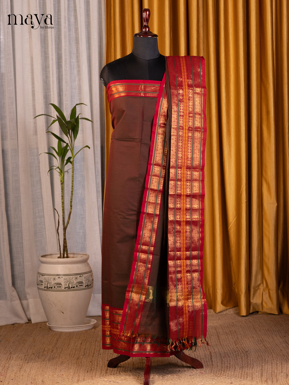 Brown with Red - chettinad top & dupatta combo