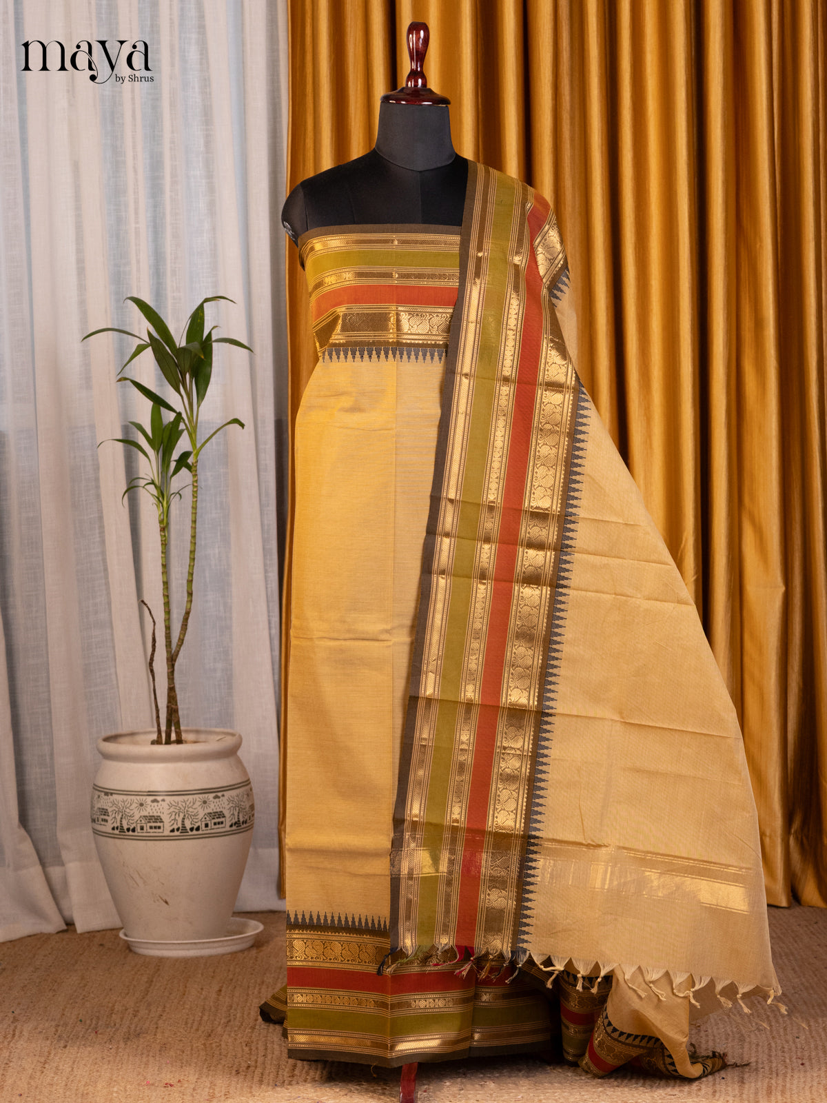 Beige & Green - chettinad top & dupatta combo