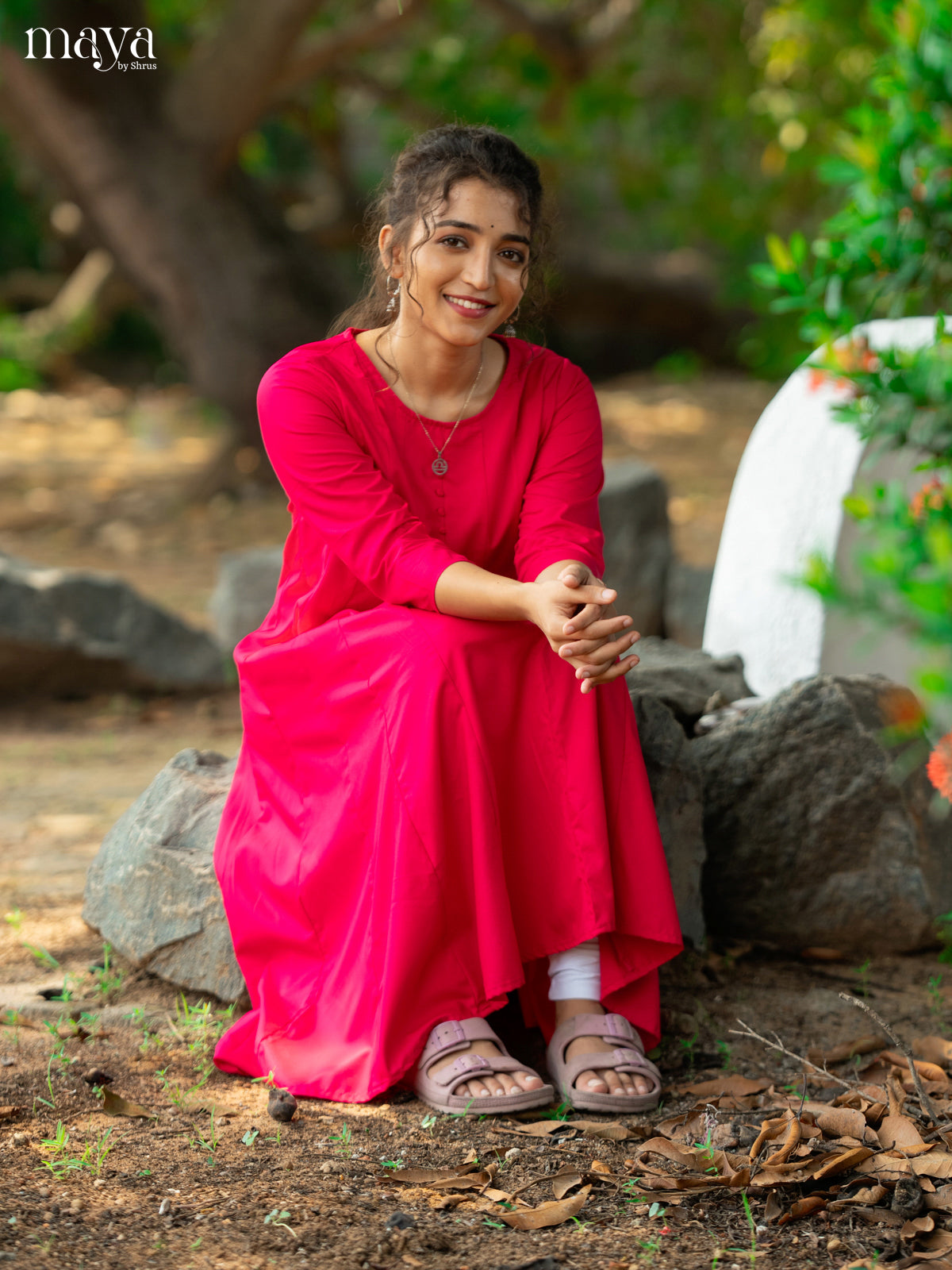 Dark Pink Solid Rayon Cotton Anarkali Kurti