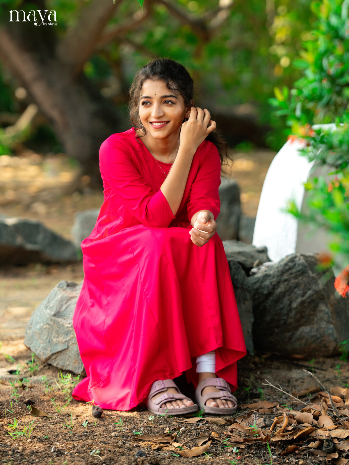 Dark Pink Solid Rayon Cotton Anarkali Kurti
