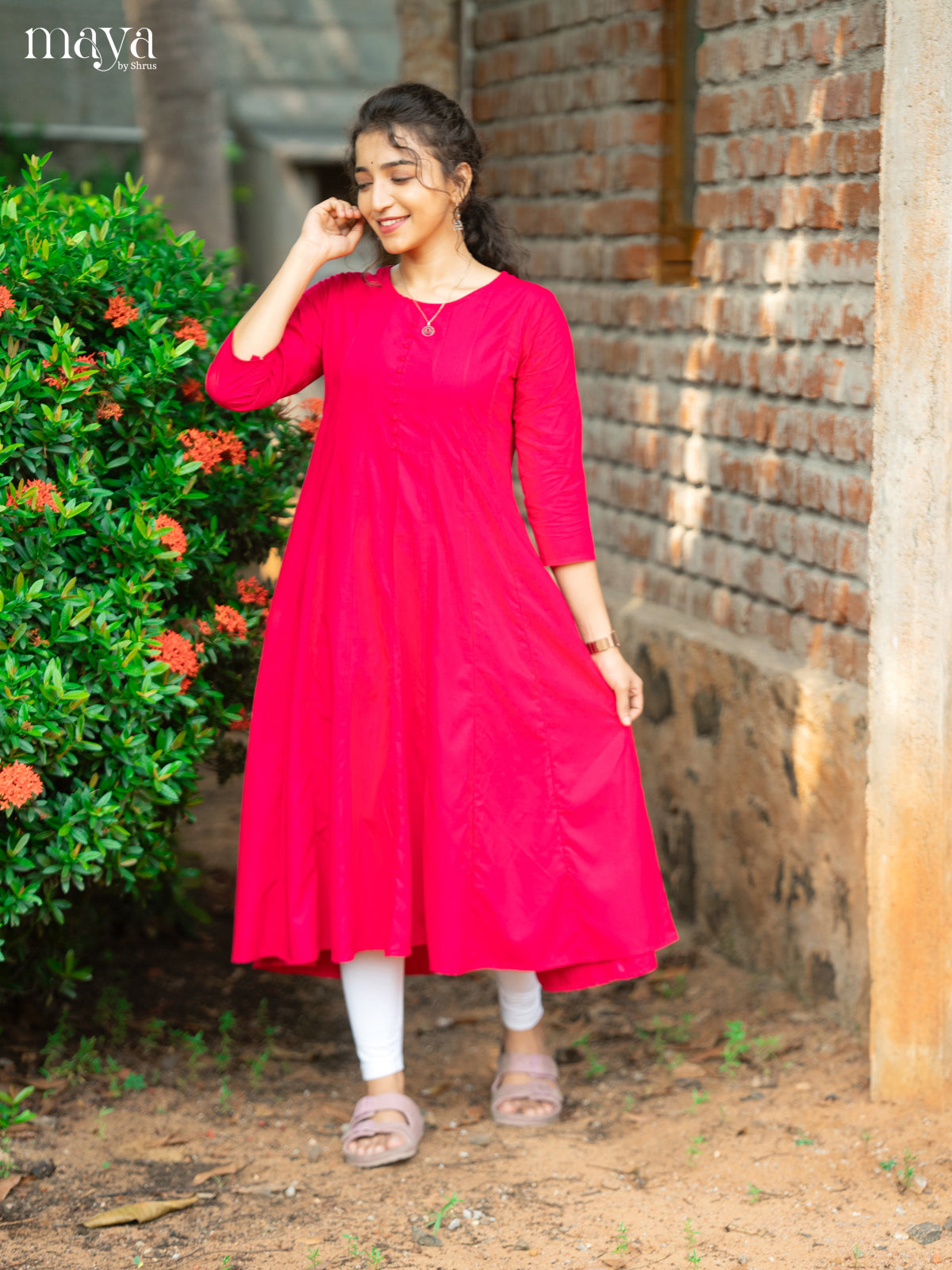 Dark Pink Solid Rayon Cotton Anarkali Kurti