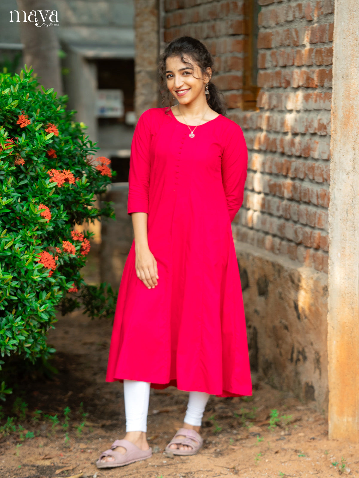 Dark Pink Solid Rayon Cotton Anarkali Kurti