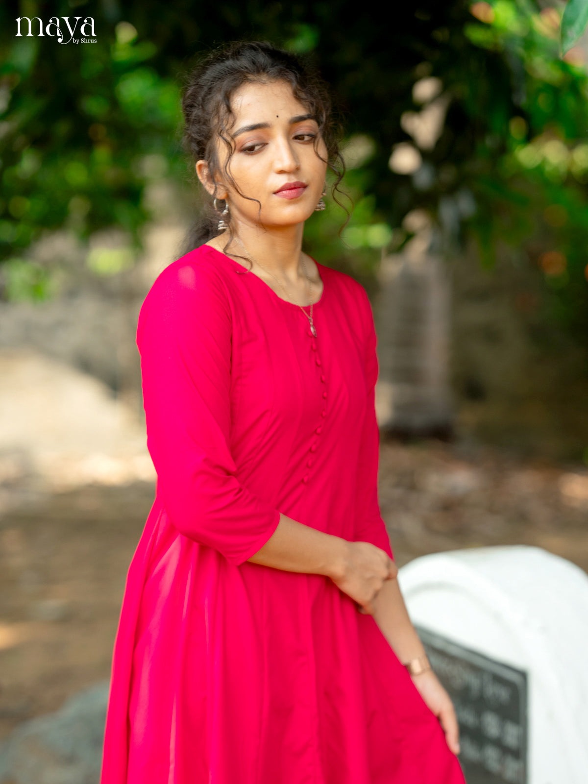 Dark Pink Solid Rayon Cotton Anarkali Kurti