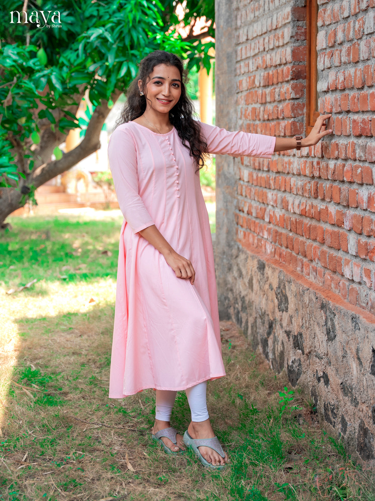 Baby Pink Solid Rayon Cotton Anarkali Kurti