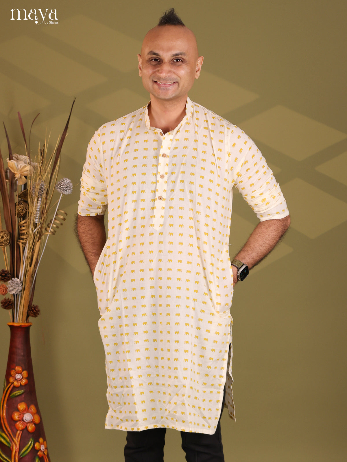 Cream with Mustrad Cotton Elephant printed Long Men Kurta