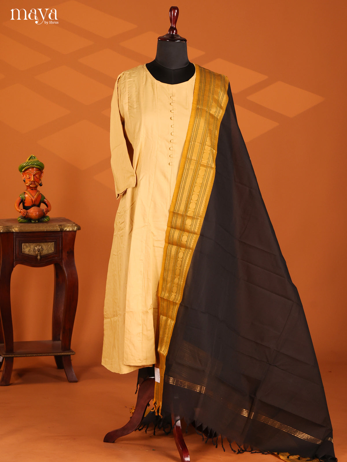 Black Chettinad Cotton Dupatta with mustard zari border