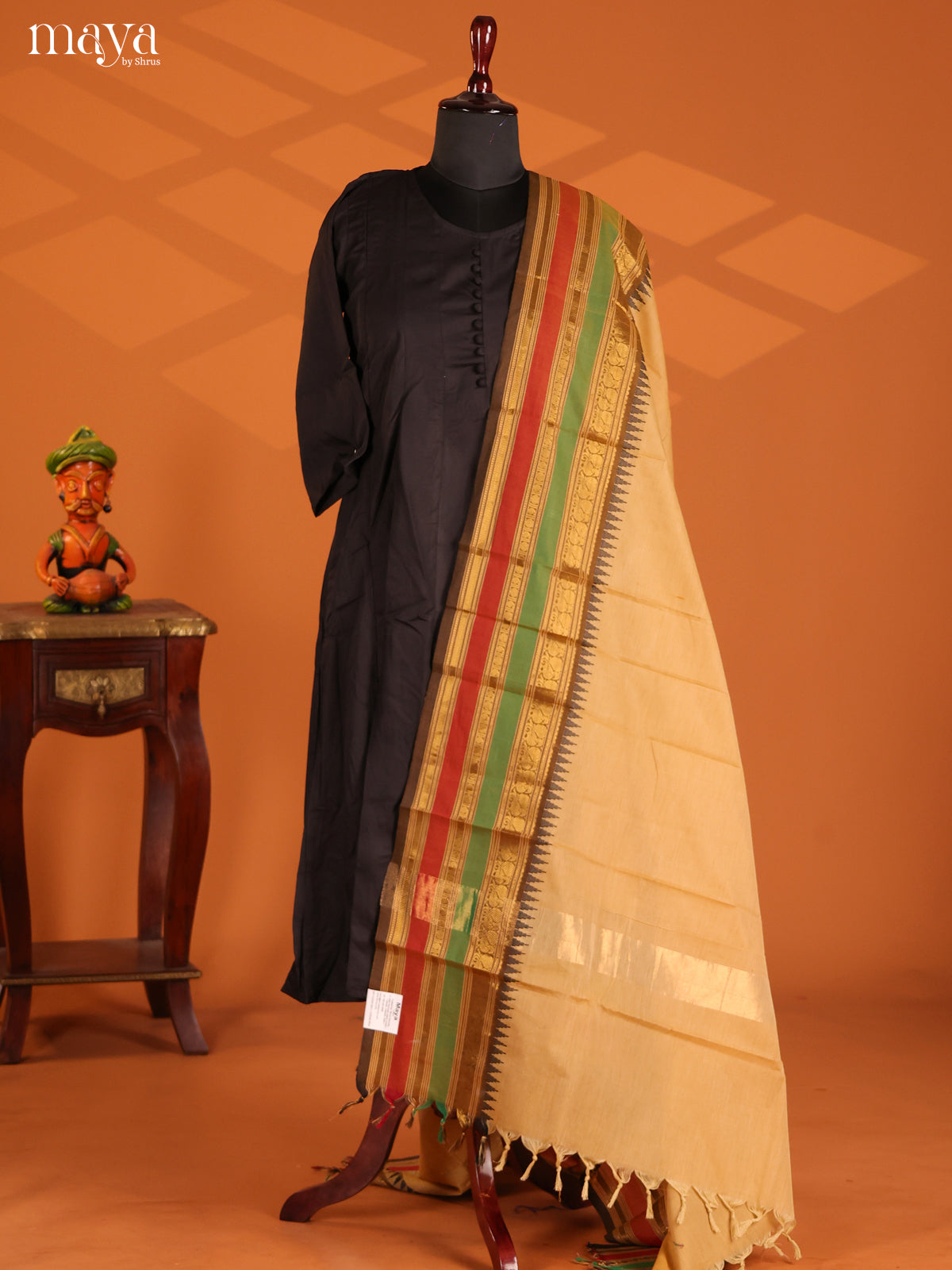 Beige Chettinad Cotton Dupatta with contrast Brown Zari Border