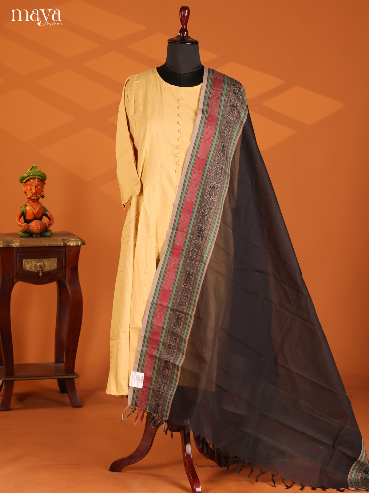 Black Chettinad Cotton Dupatta with thread woven grey bordre