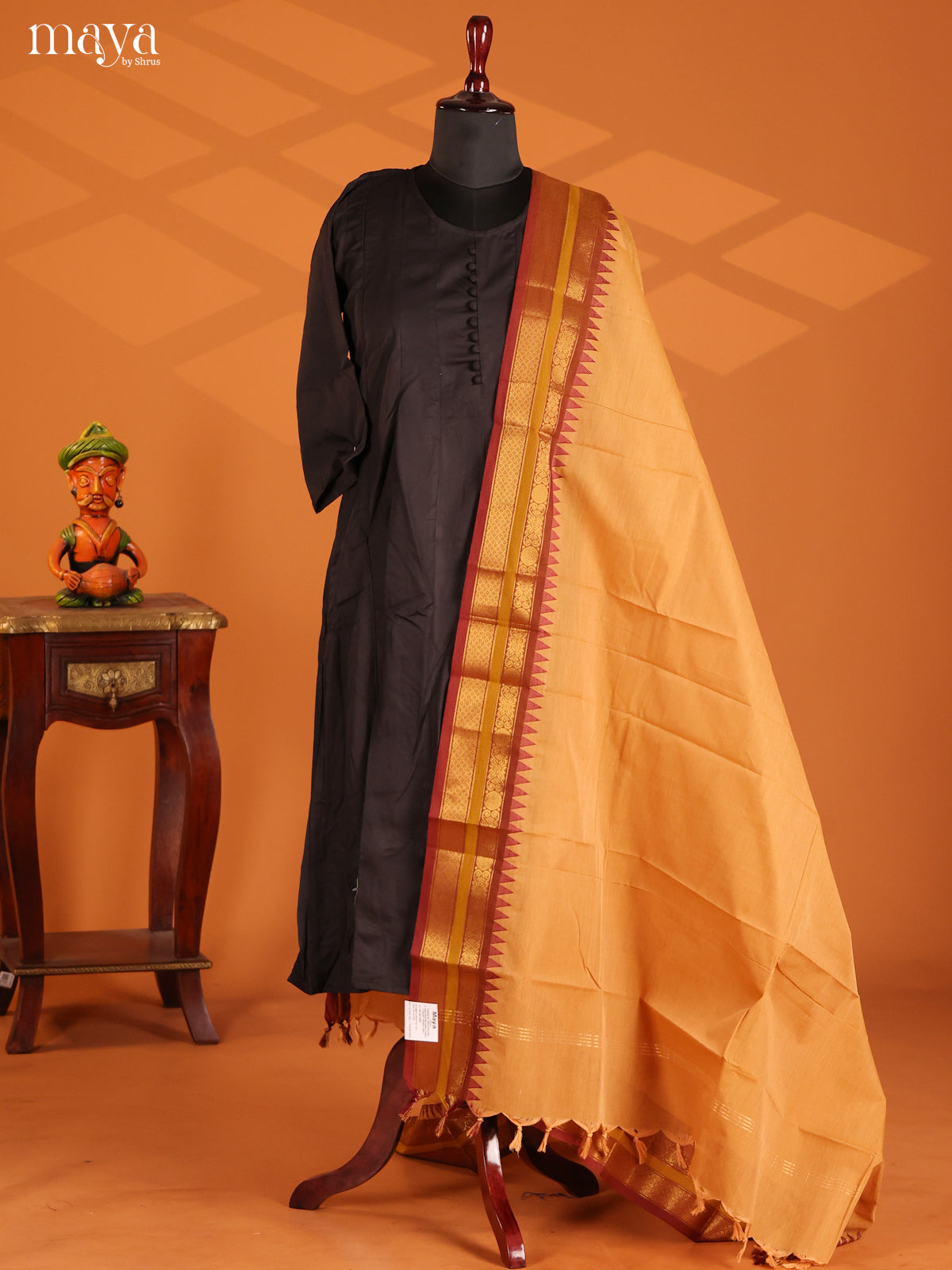Beige Chettinad Cotton Dupatta with Maroon Zari Border