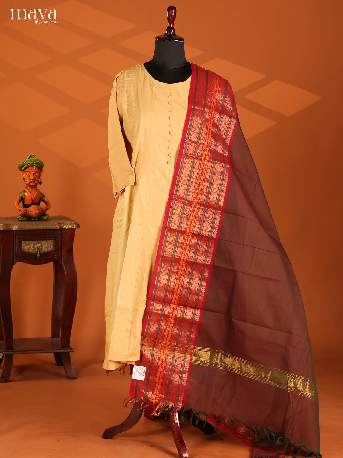 Brown Chettinad Cotton Dupatta with Maroon zari border