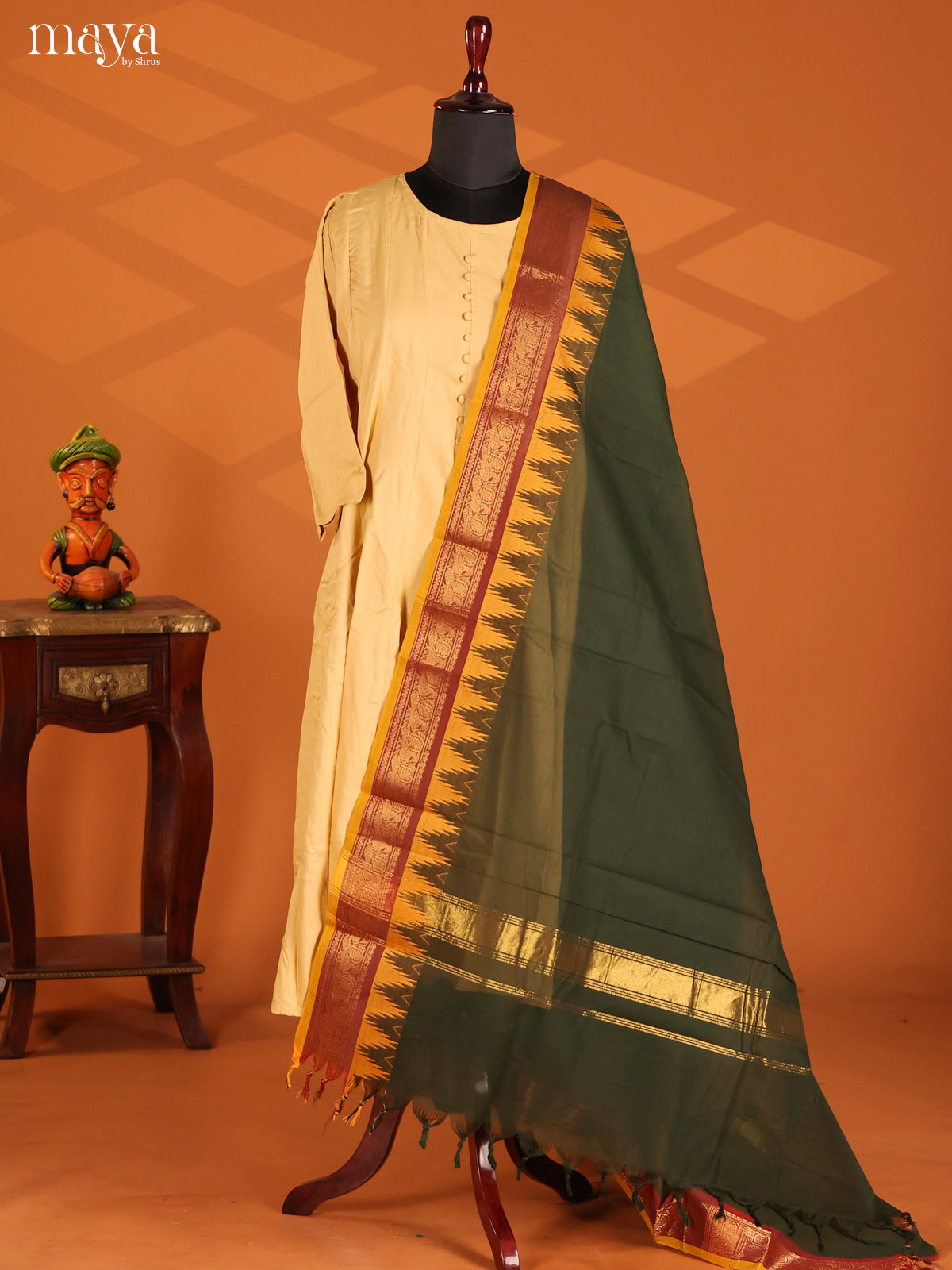 Green Chettinad Cotton Dupatta with contrast Maroon Zari Border