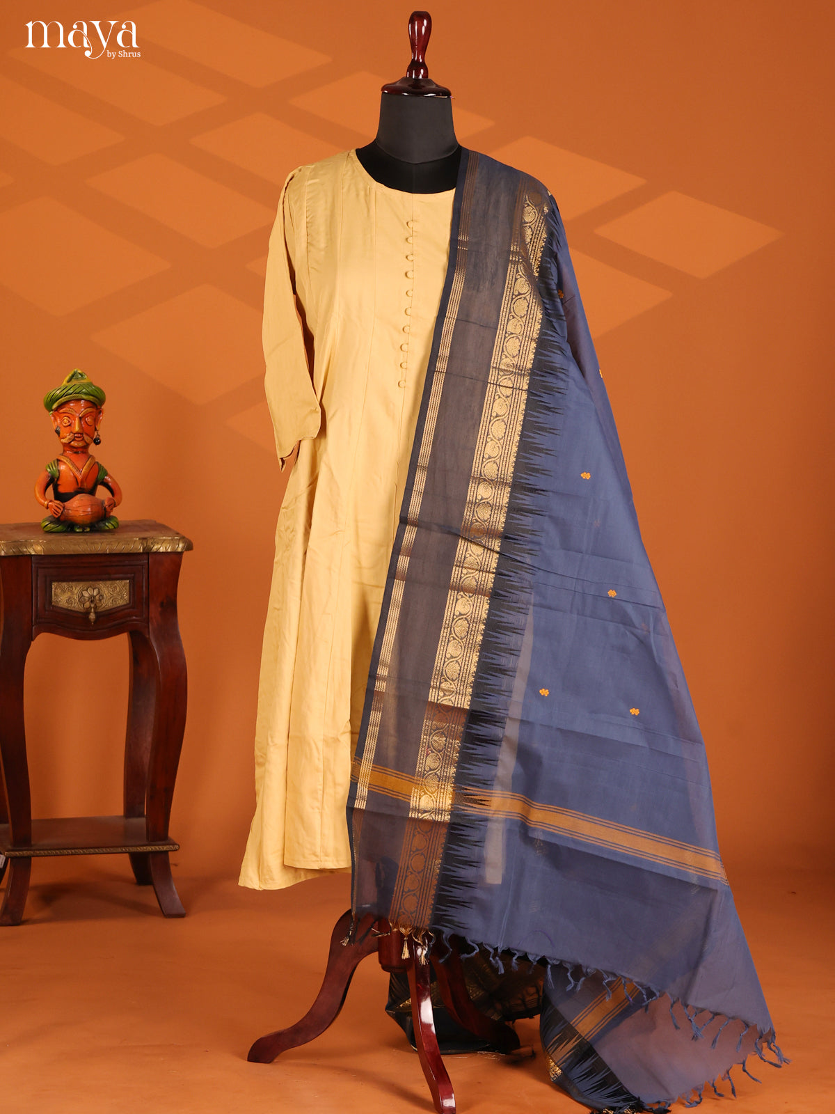 Blue Chettinad Cotton Dupatta with thread woven buttas , grey zari border