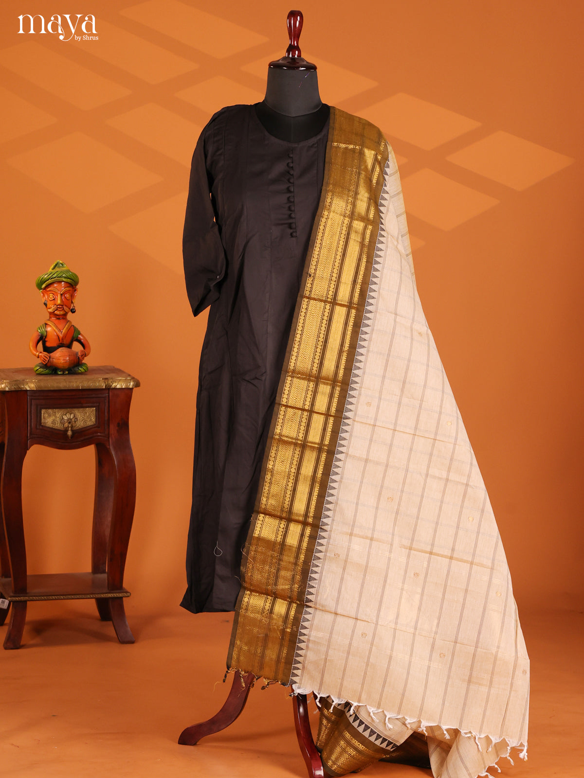 Cream Chettinad Cotton Dupatta with stripes pattern , zari border