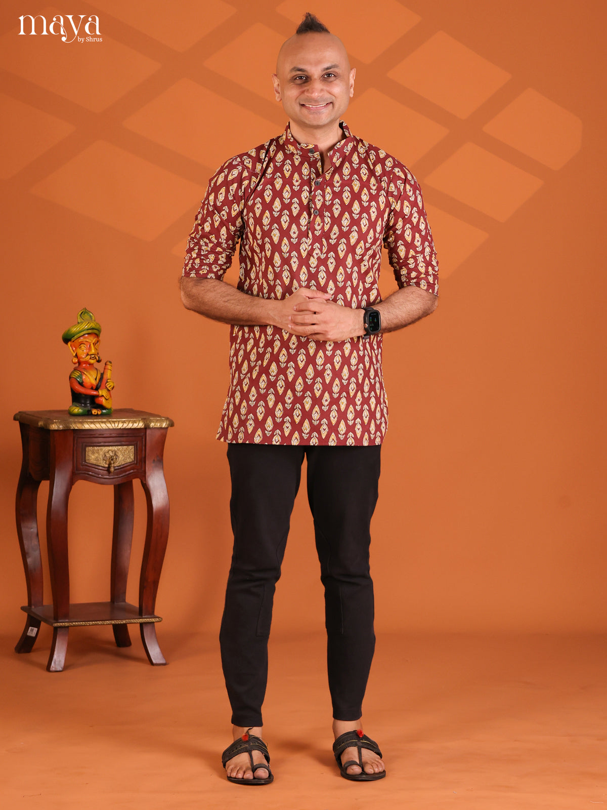 Maroon Cotton Floral Printed Short Men Kurta