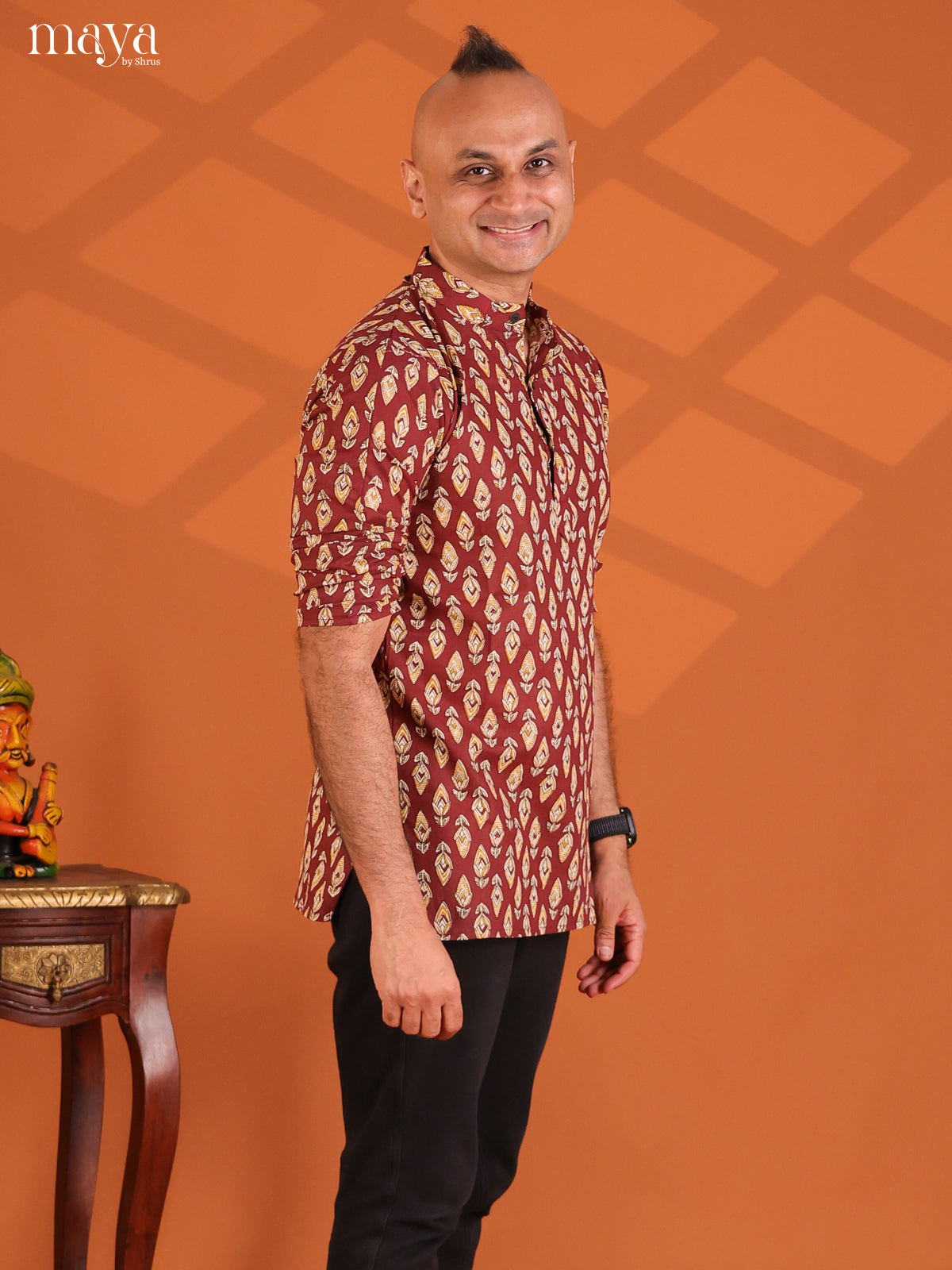 Maroon Cotton Floral Printed Short Men Kurta