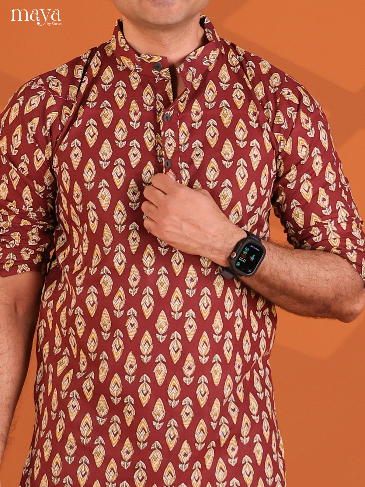 Maroon Cotton Floral Printed Short Men Kurta