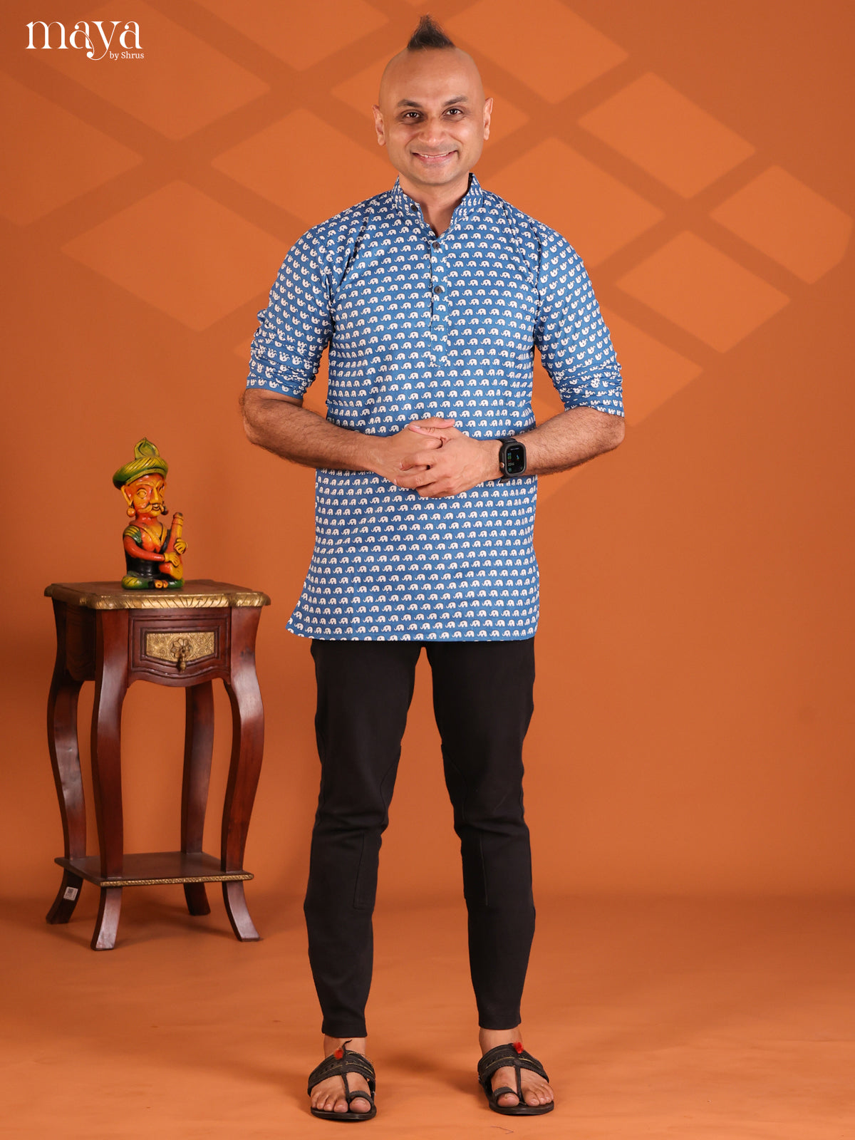 Peacock Blue Cotton Elephant Printed Short Men Kurta