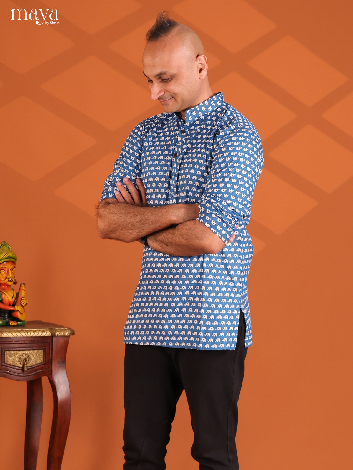 Peacock Blue Cotton Elephant Printed Short Men Kurta