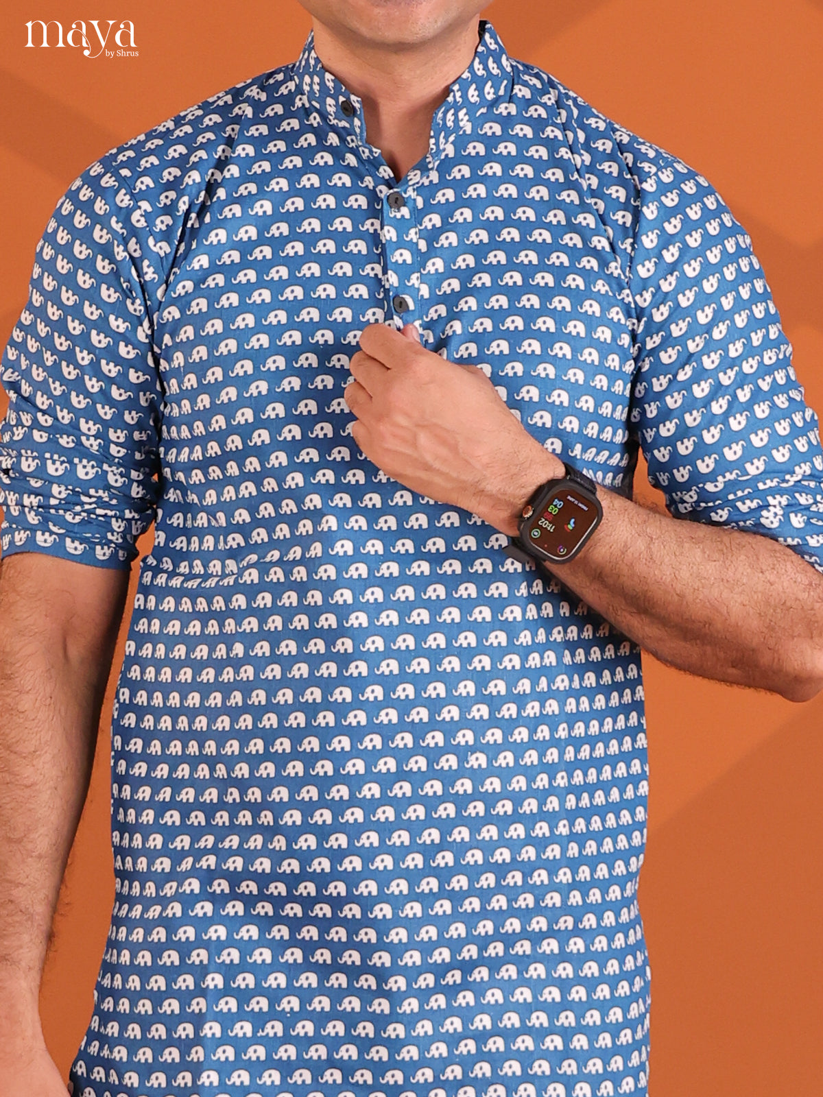 Peacock Blue Cotton Elephant Printed Short Men Kurta