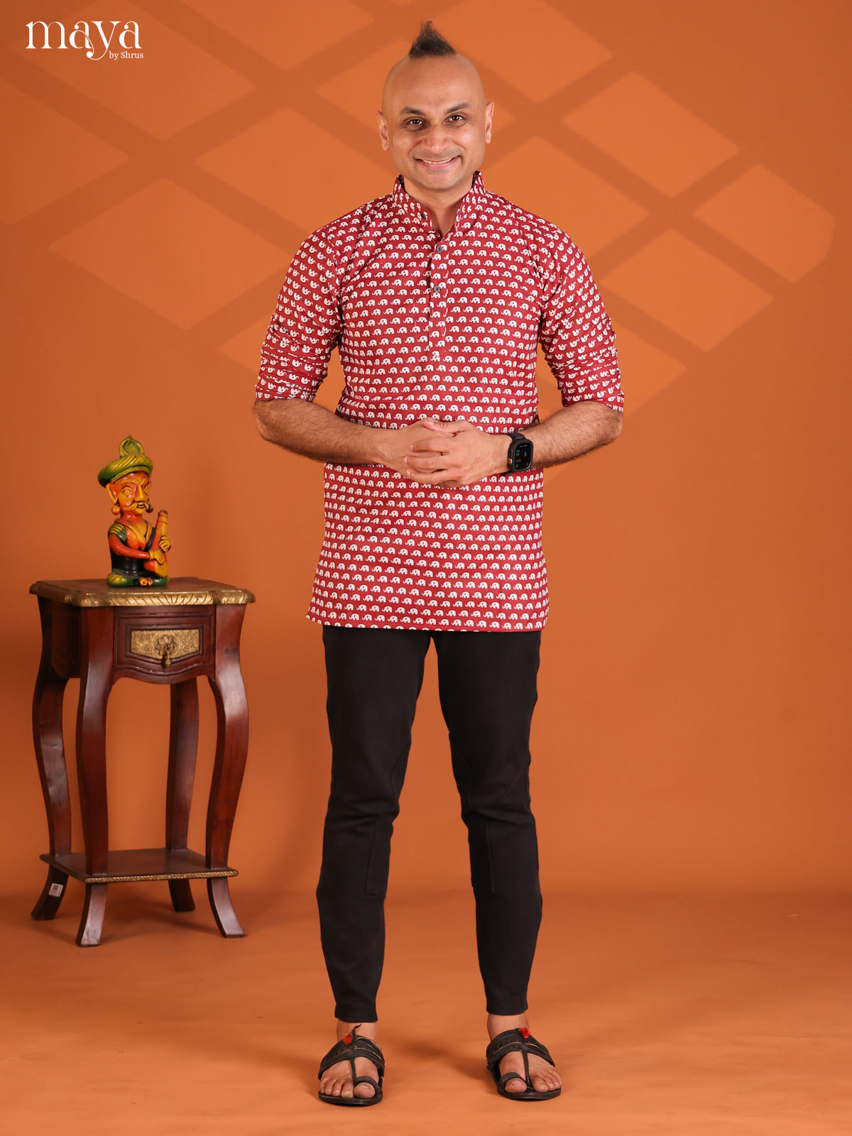 Maroon Cotton Elephant Printed Short Men Kurta