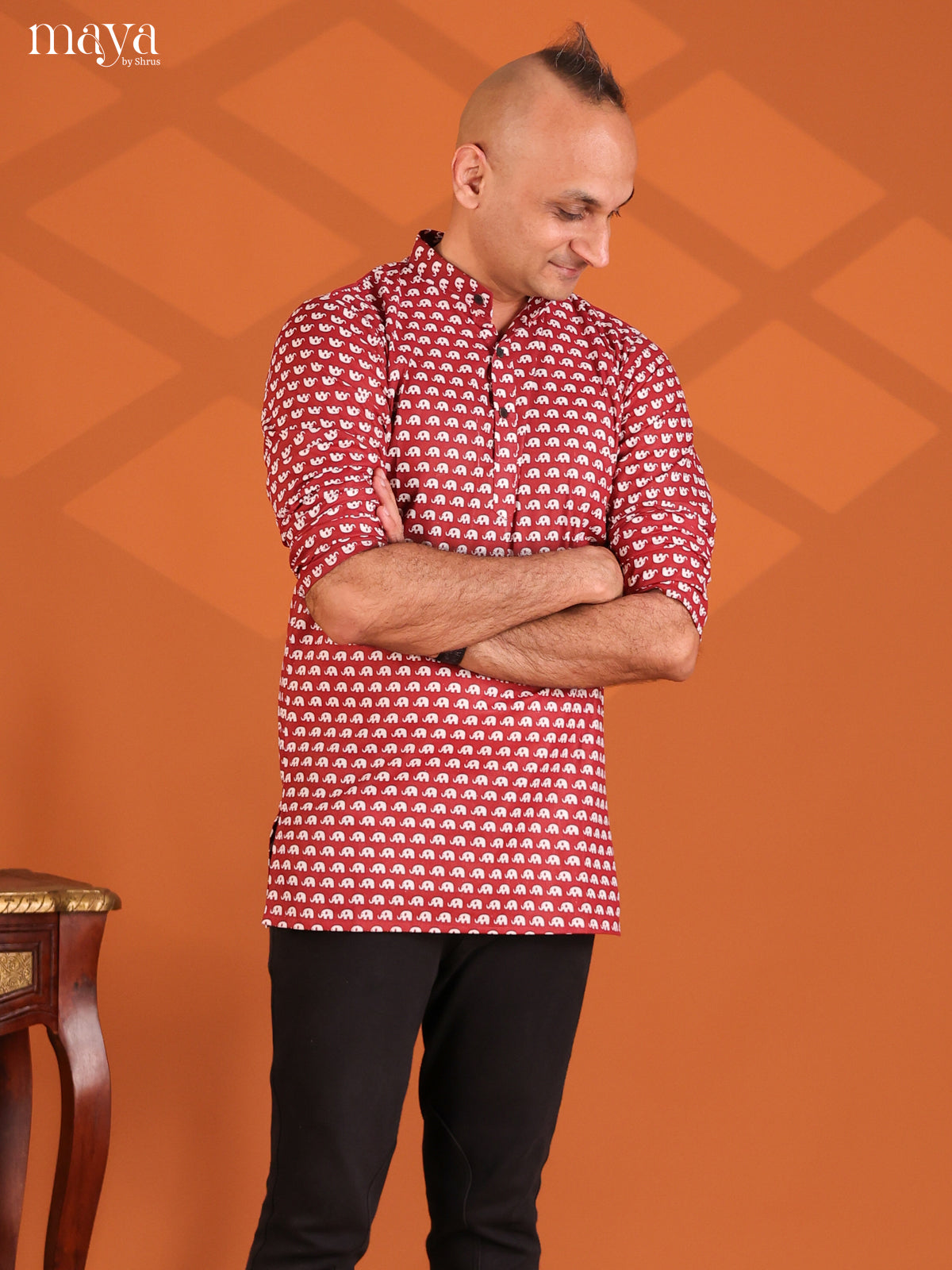 Maroon Cotton Elephant Printed Short Men Kurta
