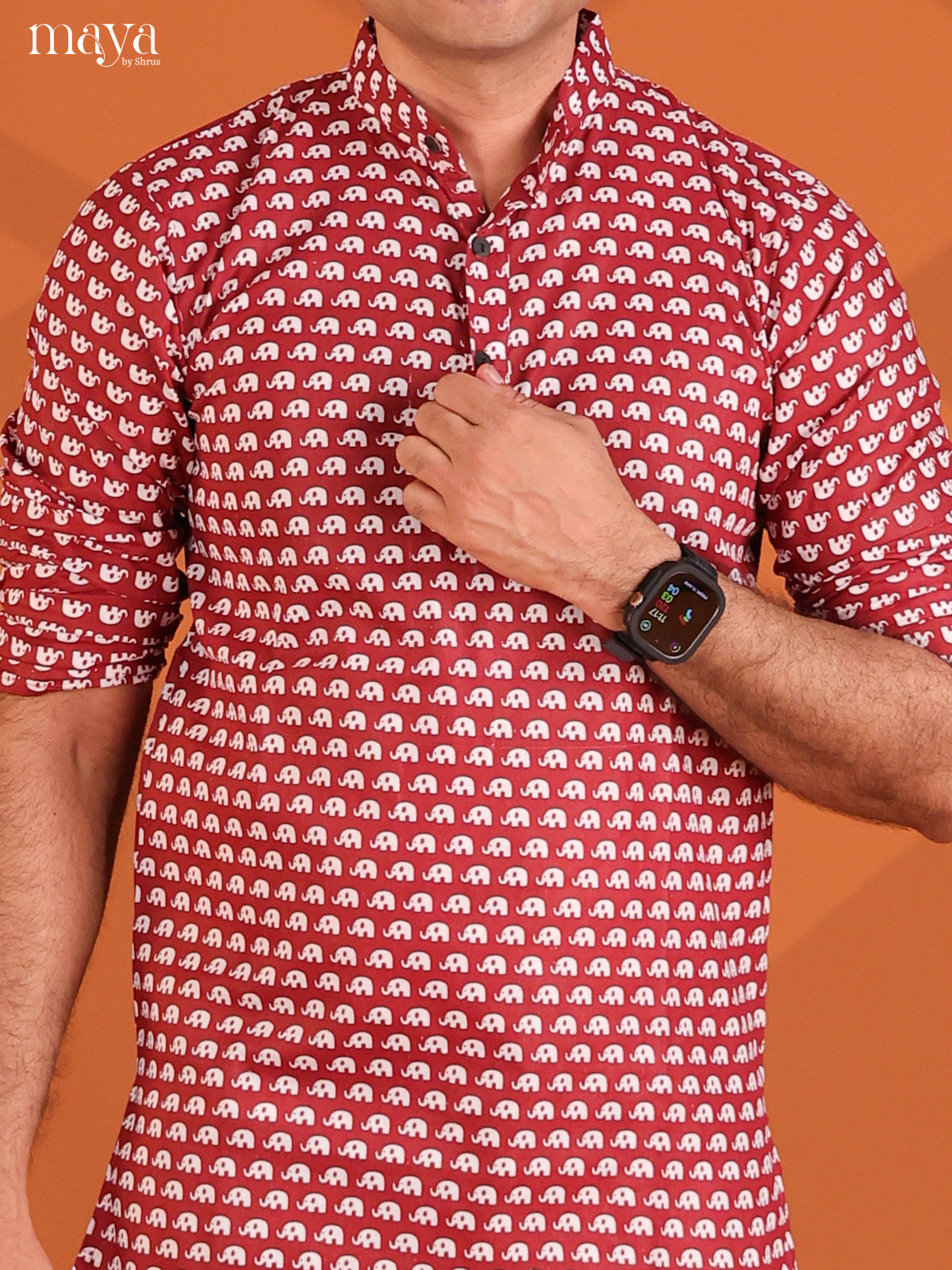 Maroon Cotton Elephant Printed Short Men Kurta