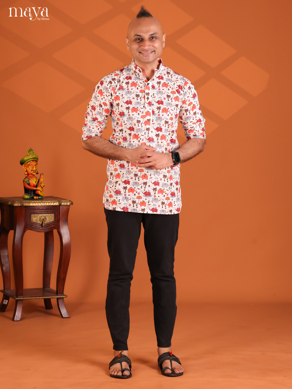 Multicolour Cotton Elephant Printed Short Men Kurta