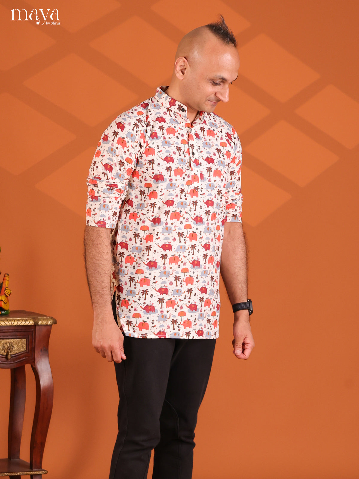 Multicolour Cotton Elephant Printed Short Men Kurta