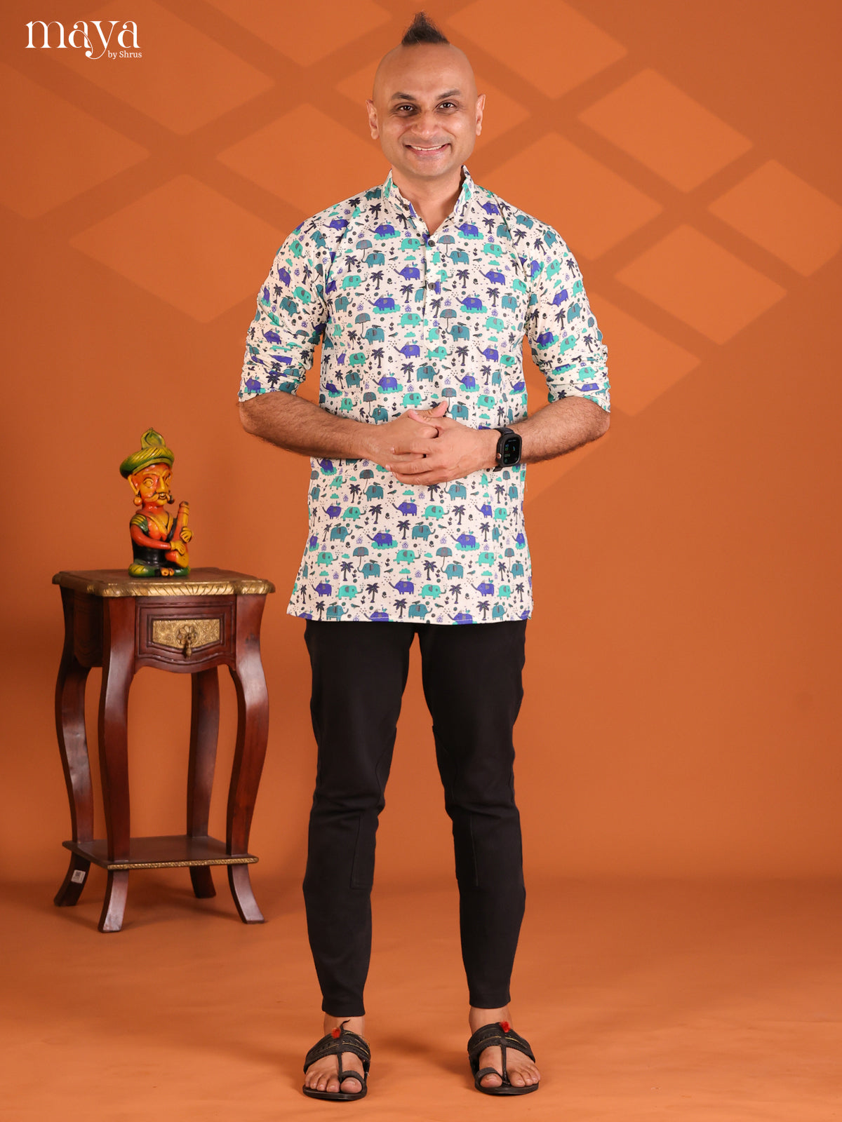 White Cotton Elephant Printed Short Men Kurta