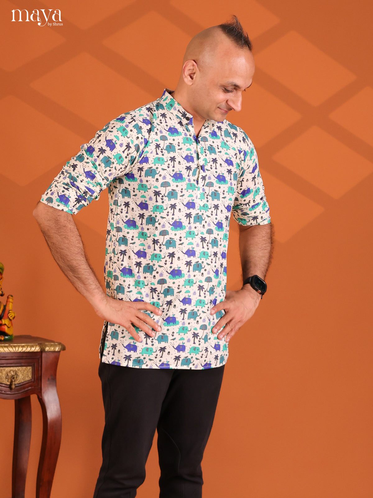 White Cotton Elephant Printed Short Men Kurta