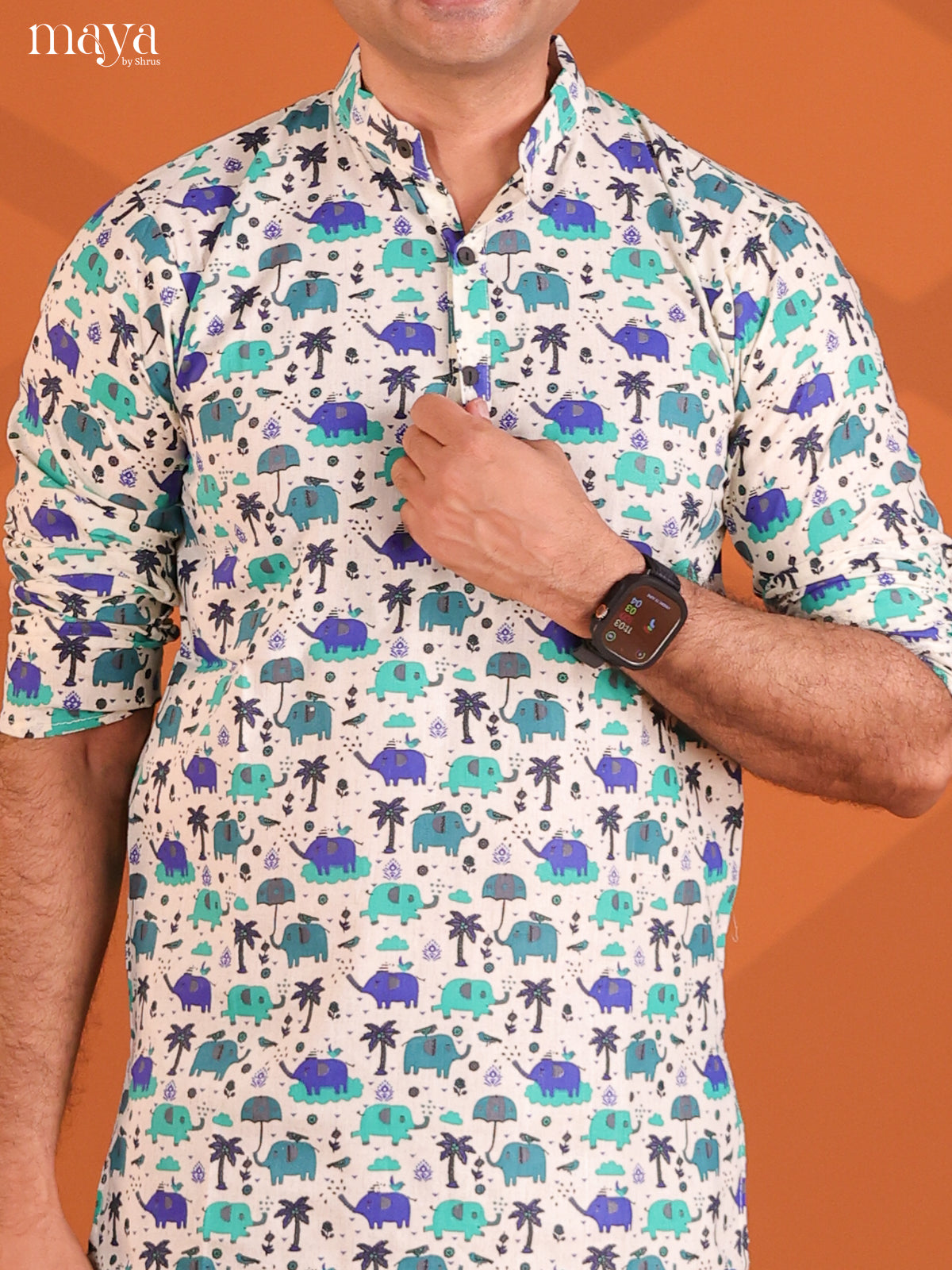 White Cotton Elephant Printed Short Men Kurta