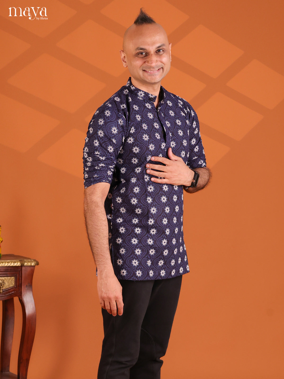 Black with Peacock Cotton Printed Short Men Kurta
