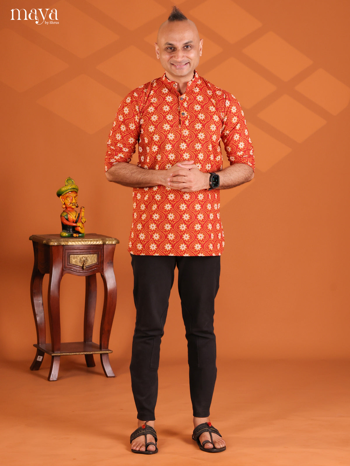 Rust Cotton Elephant Printed Short Men Kurta