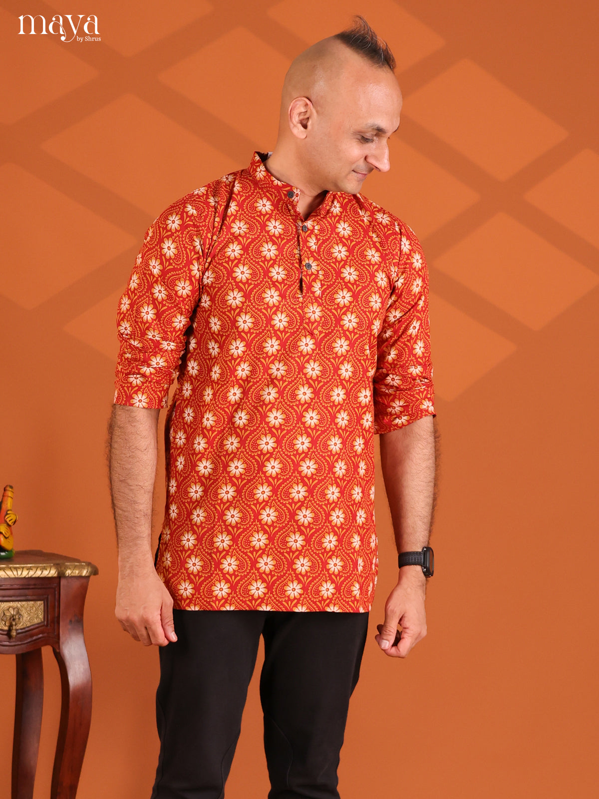 Rust Cotton Elephant Printed Short Men Kurta
