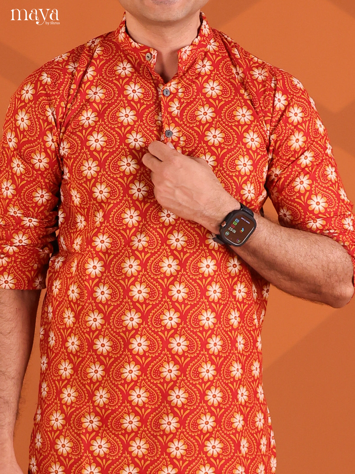 Rust Cotton Elephant Printed Short Men Kurta