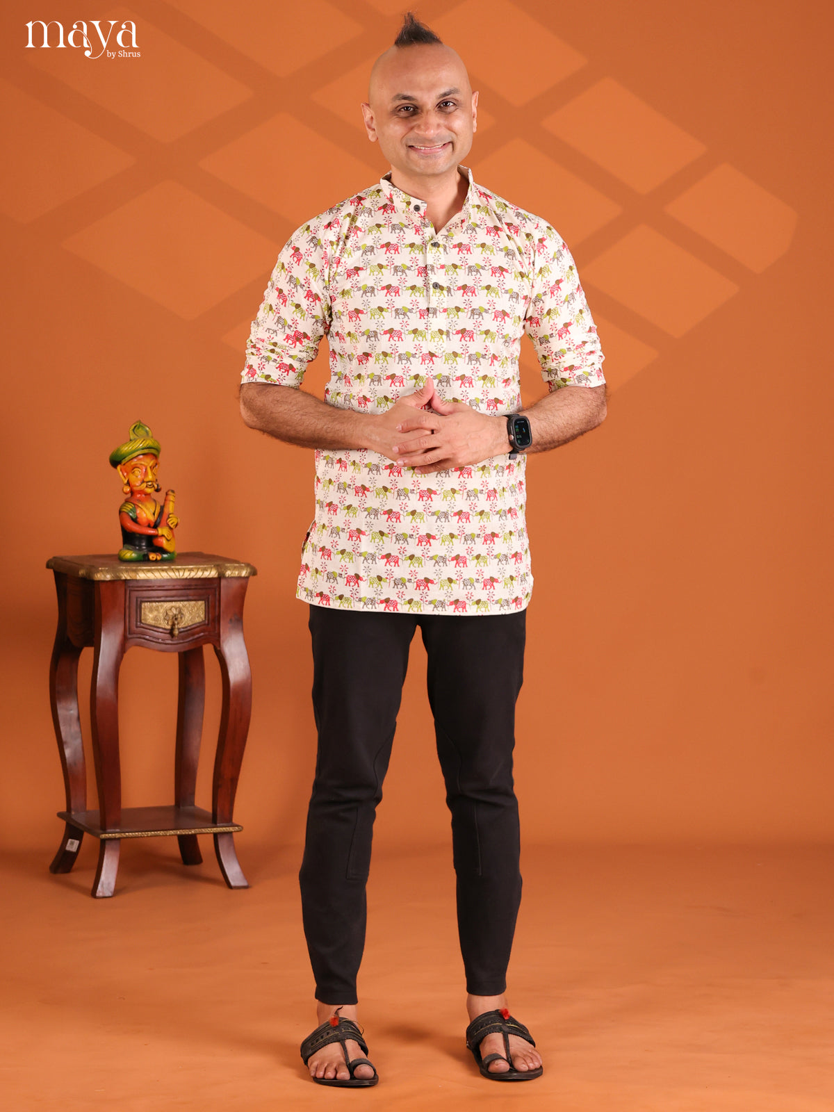 Cream with Green Elephant Printed Short Men Kurta