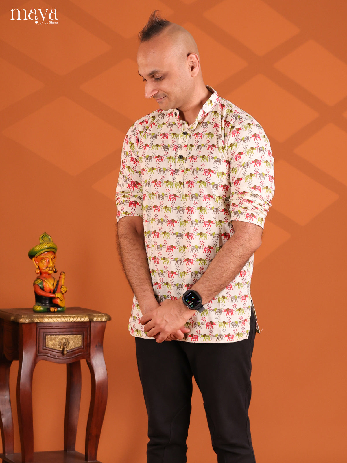 Cream with Green Elephant Printed Short Men Kurta