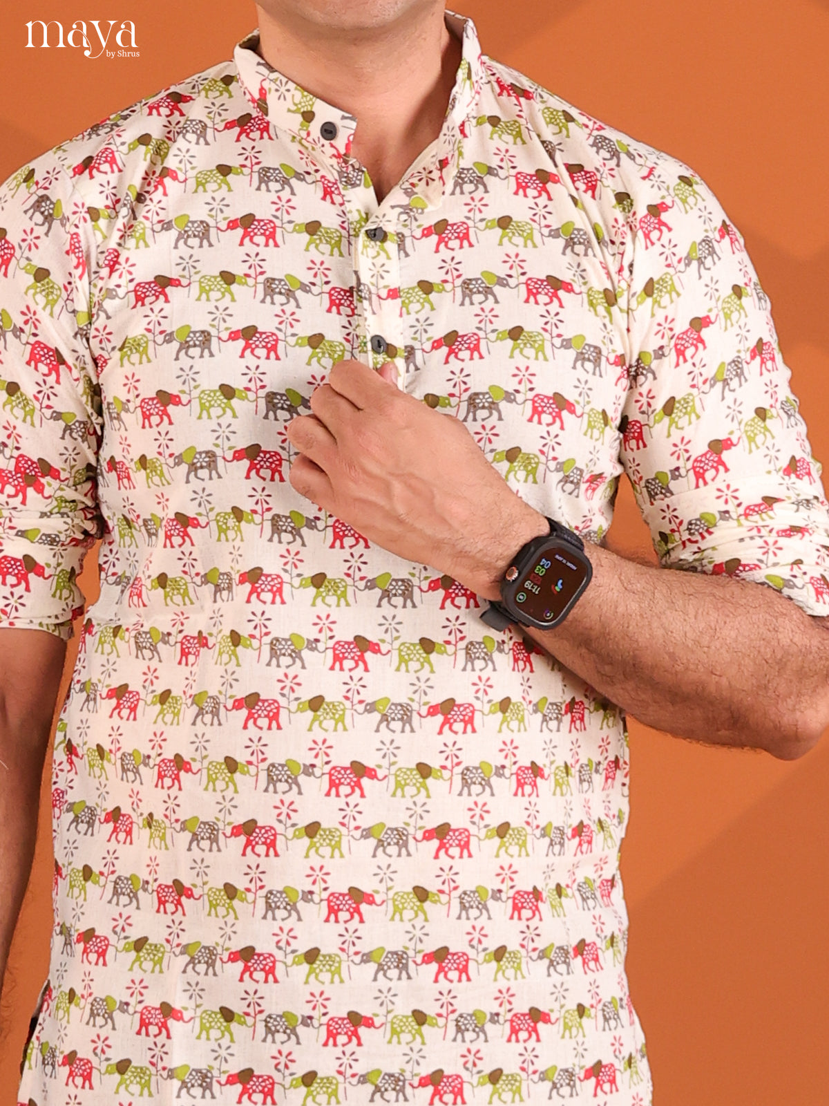 Cream with Green Elephant Printed Short Men Kurta